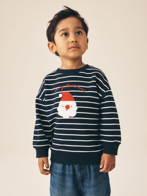 Navy Stripe Santa Christmas Crew Neck Sweat Top (3mths-7yrs)