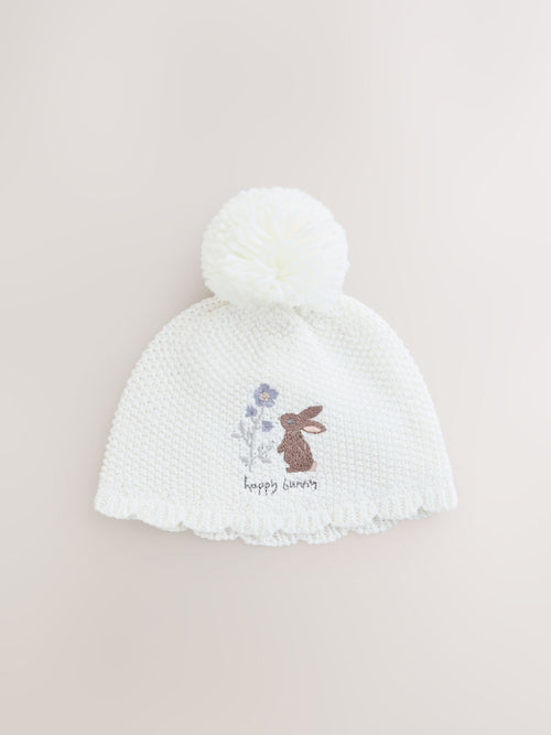Cream Embroidered Bunny Pom Baby Hat