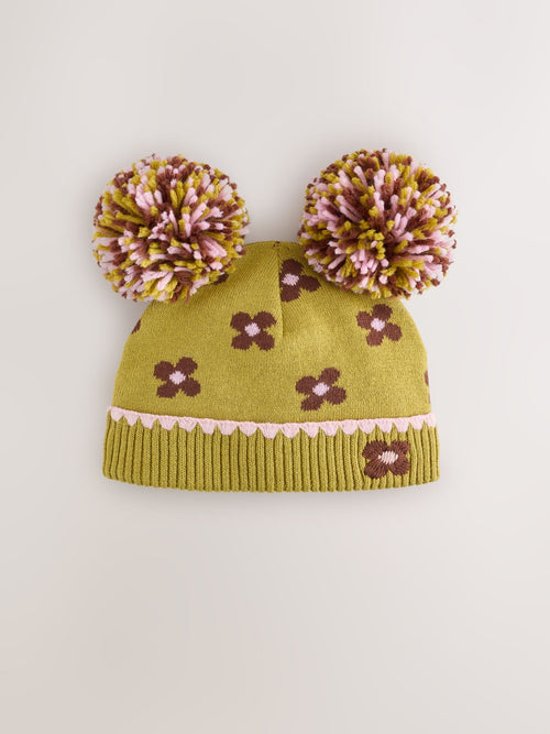 Green Floral Double Pom Baby Beanie