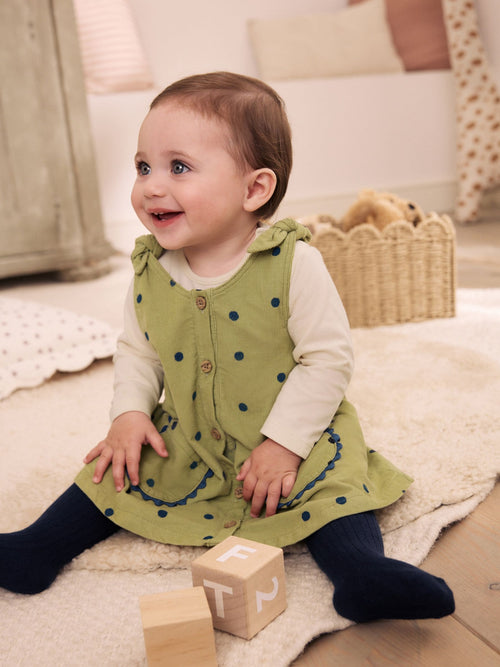 Green Spot Baby Pinafore Long Sleeve Bodysuit And Tights 3 Piece Set (0mths-2yrs)