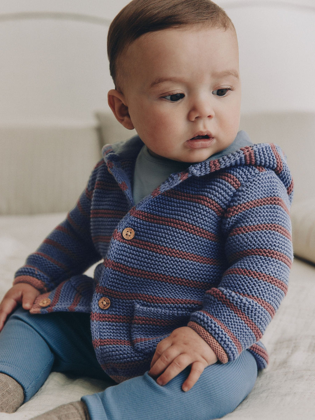 Blue & Burgundy Stripe Knitted Baby Cardigan (0mths-2yrs)