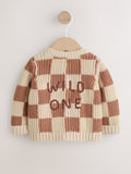 Tan/Ecru Checkerboard Embroidered Slogan Knitted Baby Cardigan (0mths-2yrs)