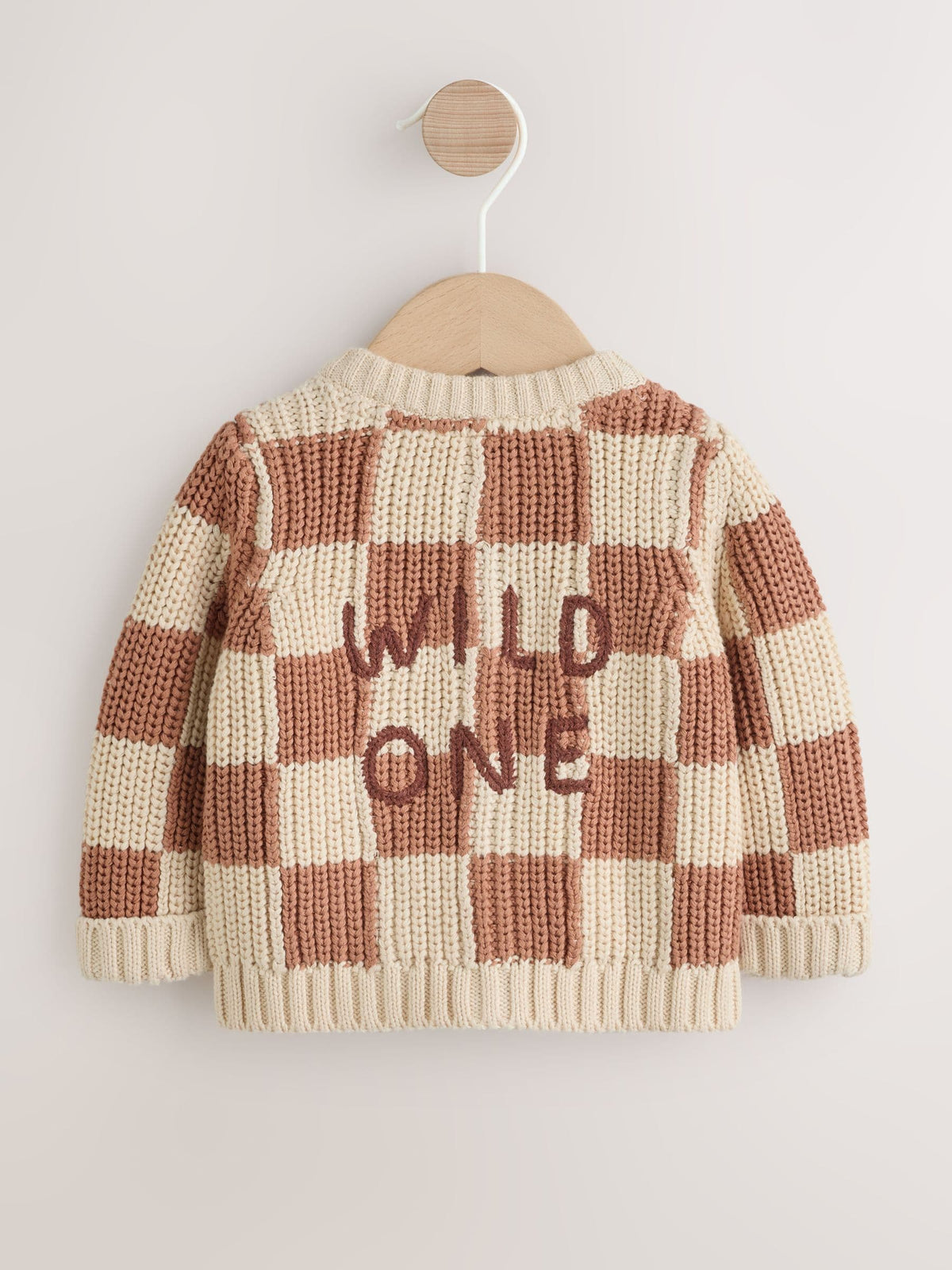 Tan/Ecru Checkerboard Embroidered Slogan Knitted Baby Cardigan (0mths-2yrs)