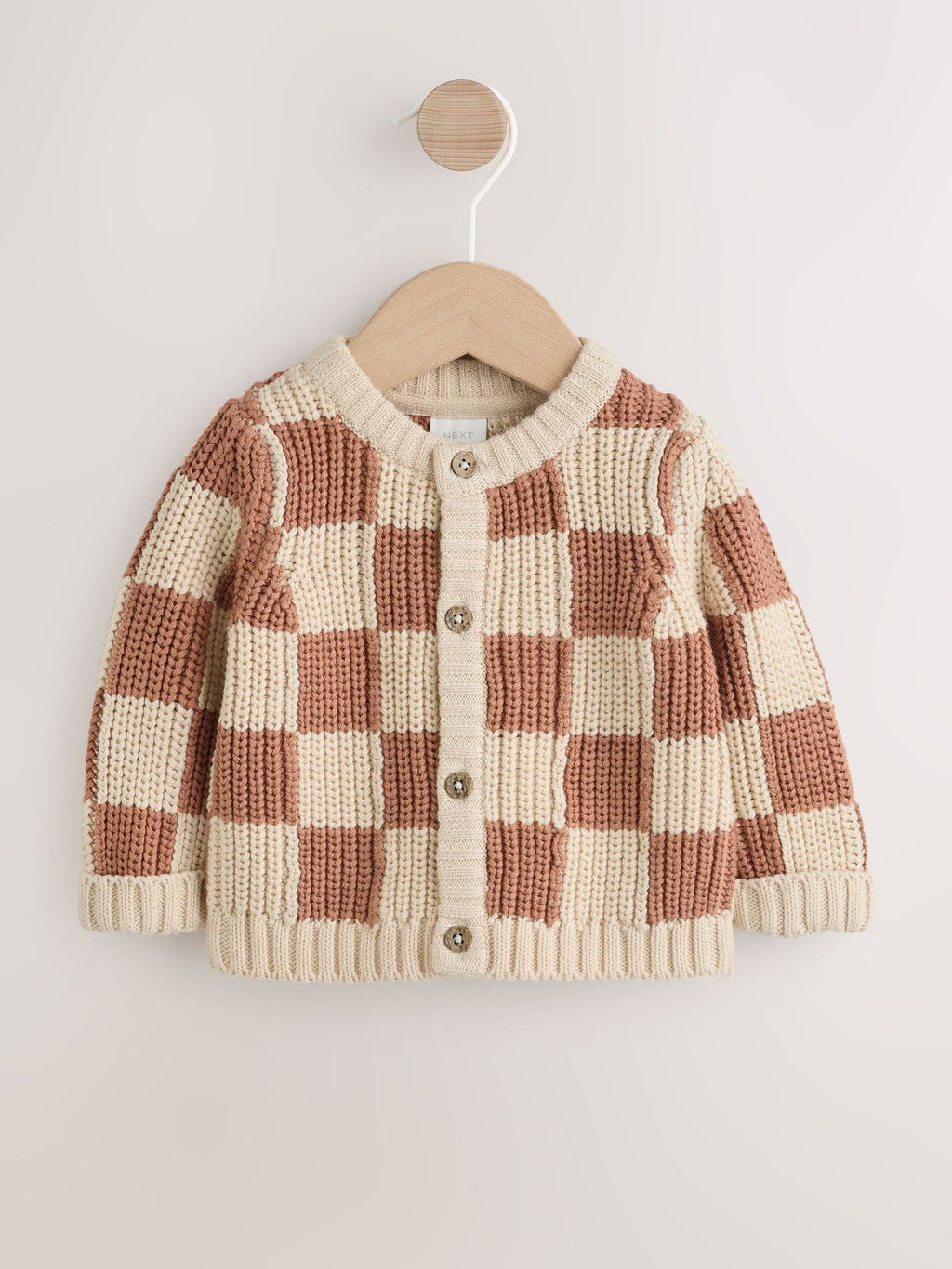 Tan/Ecru Checkerboard Embroidered Slogan Knitted Baby Cardigan (0mths-2yrs)