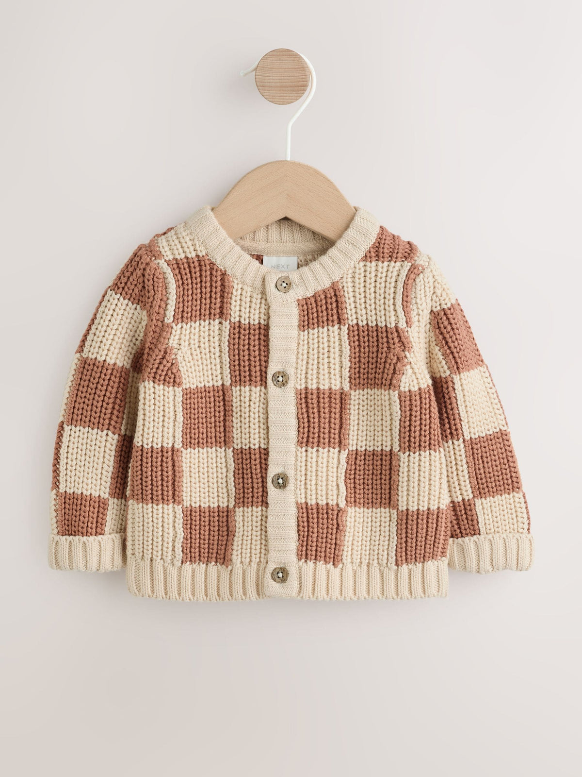 Tan/Ecru Checkerboard Embroidered Slogan Knitted Baby Cardigan (0mths-2yrs)