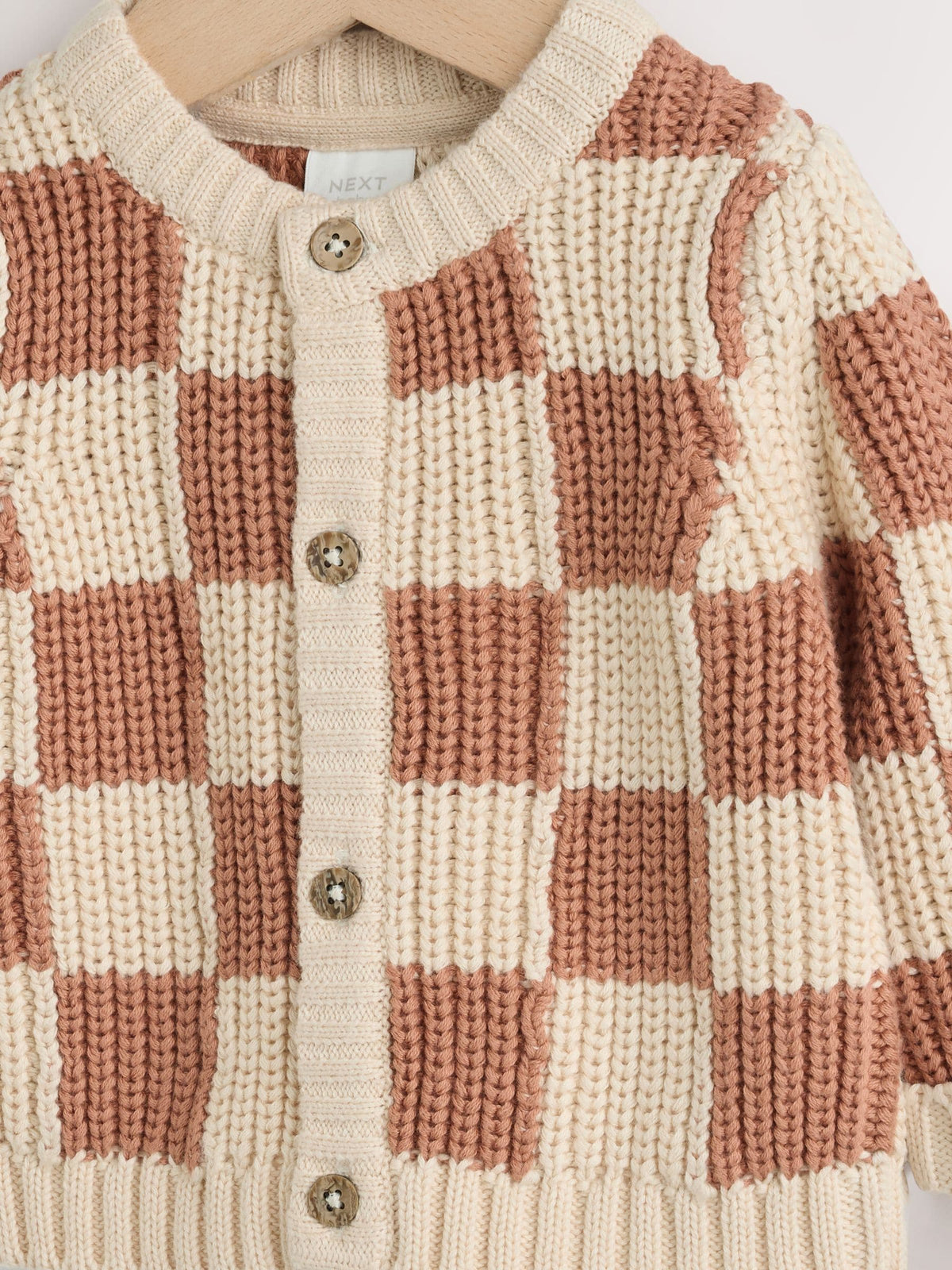 Tan/Ecru Checkerboard Embroidered Slogan Knitted Baby Cardigan (0mths-2yrs)