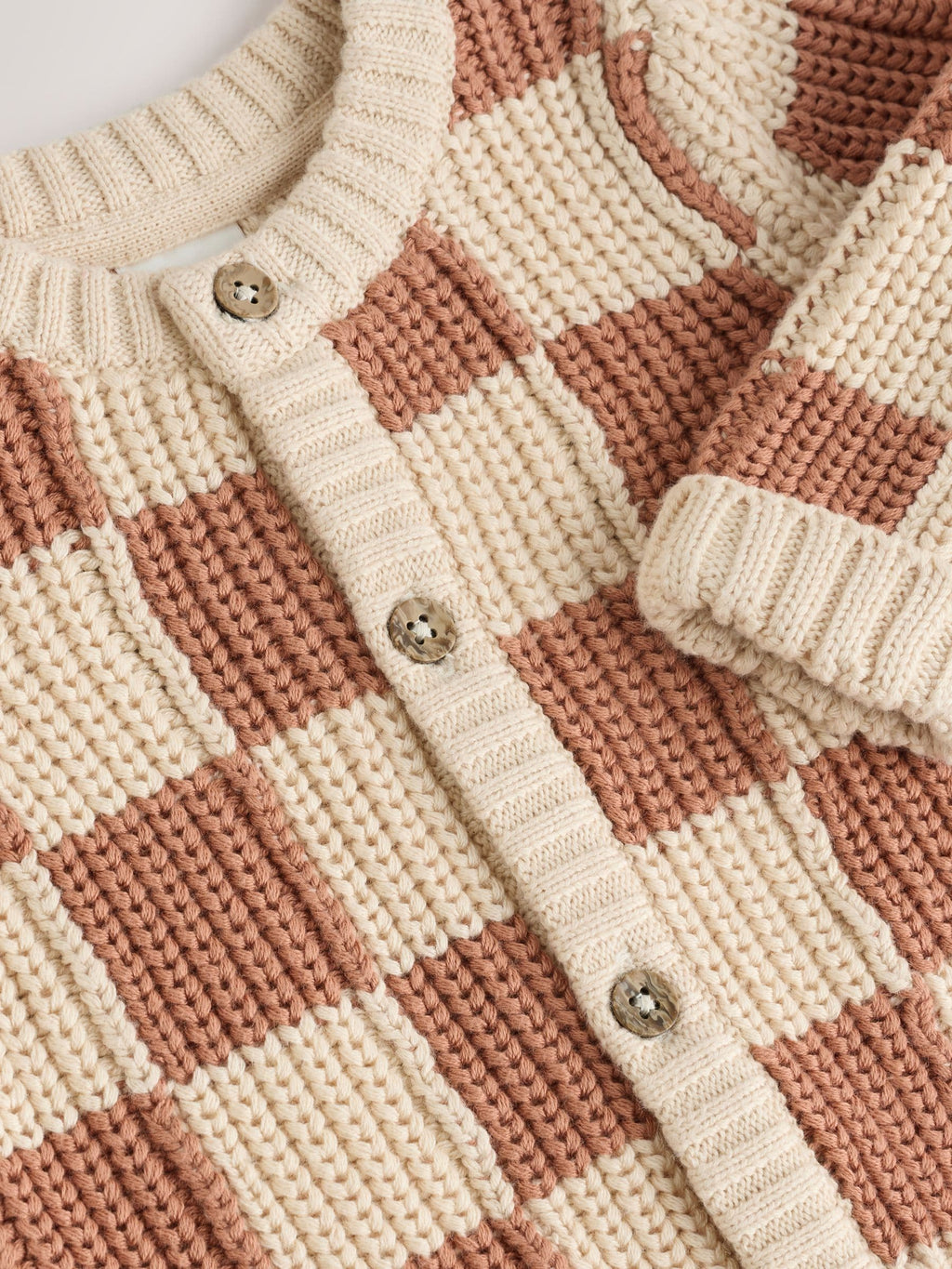Tan/Ecru Checkerboard Embroidered Slogan Knitted Baby Cardigan (0mths-2yrs)