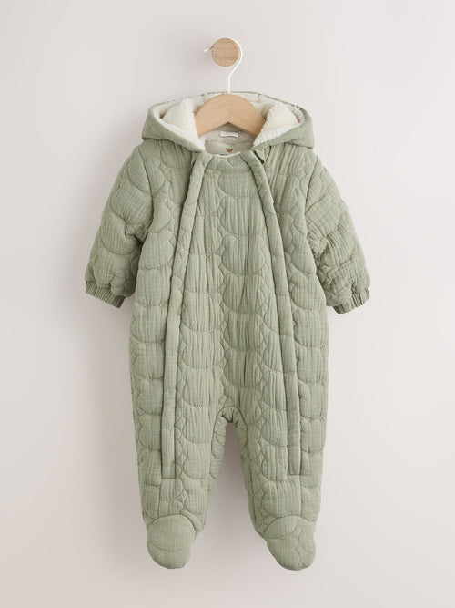 Green Crinkle Bear Face Quilted Baby Pramsuit (0mths-2yrs)