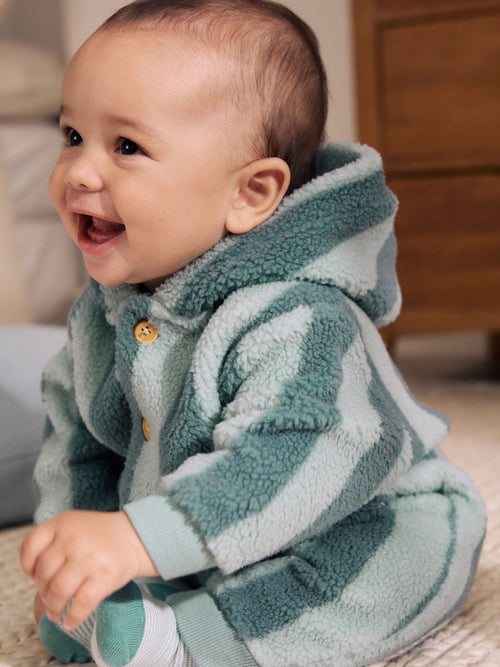 Blue Stripe Borg Button Hooded Baby Pramsuit (0mths-2yrs)