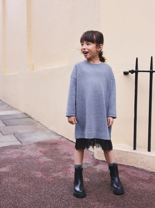 Charcoal Grey Lace Hem 2-In-1 Jumper Dress (3-16yrs)