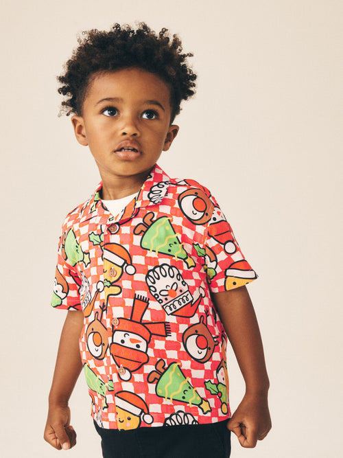 Red/White Checkerboard Short Sleeve Revere Collar Christmas Shirt (3mths-10yrs)