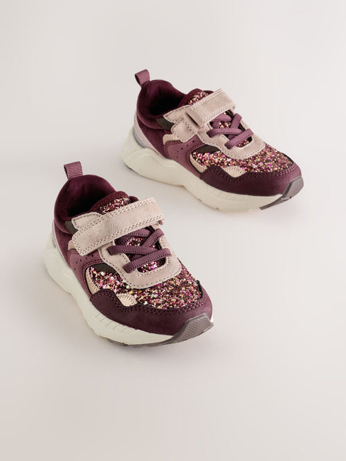 Burgundy Red Glitter Standard Fit (F) Elastic Lace Touch Fasten Trainers