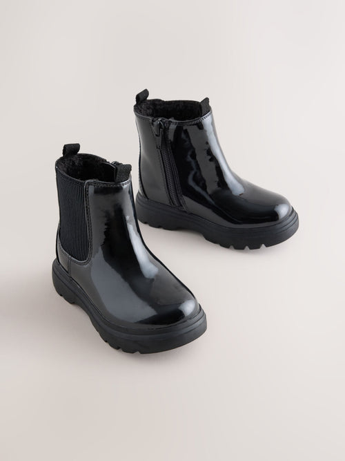 Black Patent Chelsea Chunky Ankle Boots