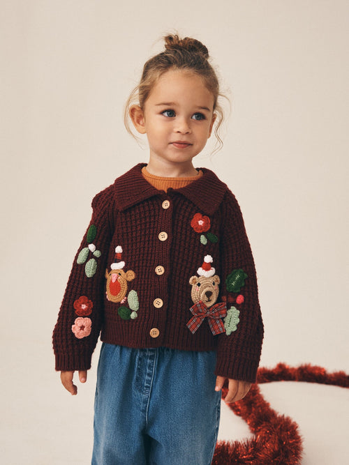 Berry Robin and Bear embroidered Christmas Cardigan (3mths-7yrs)
