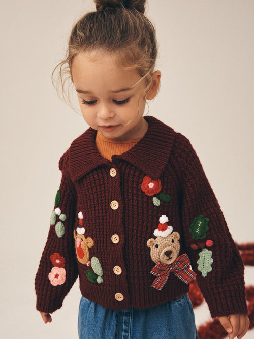 Berry Robin and Bear embroidered Christmas Cardigan (3mths-7yrs)