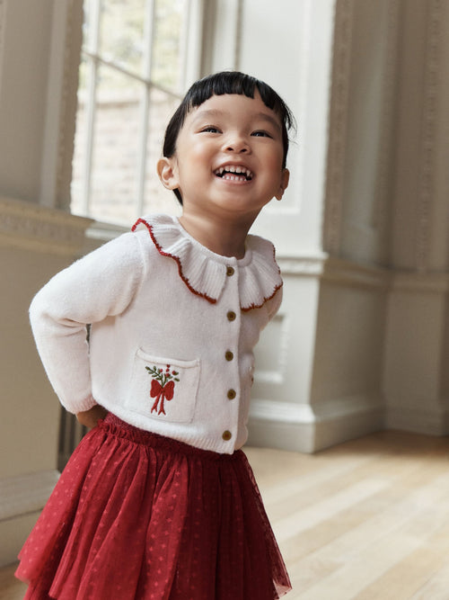 Ecru and Burgundy Red Embroidered Cardigan and Skirt Set (3mths-10yrs)