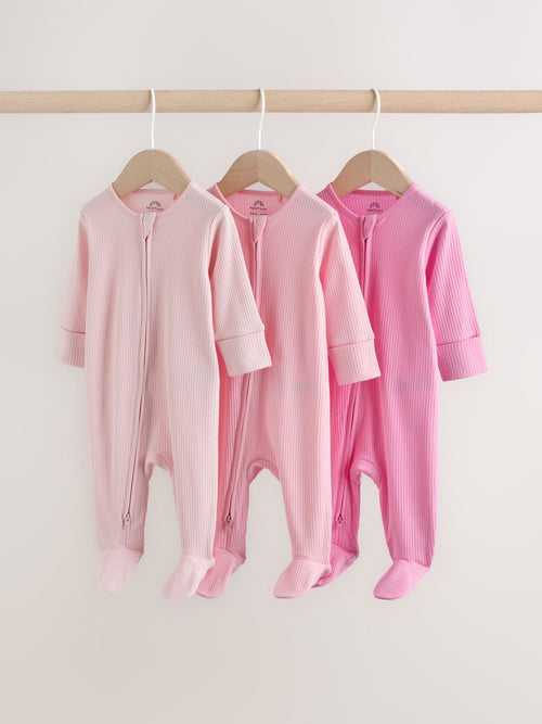 Pink Two Way Zip Baby Sleepsuits 3 Pack (0-2yrs)