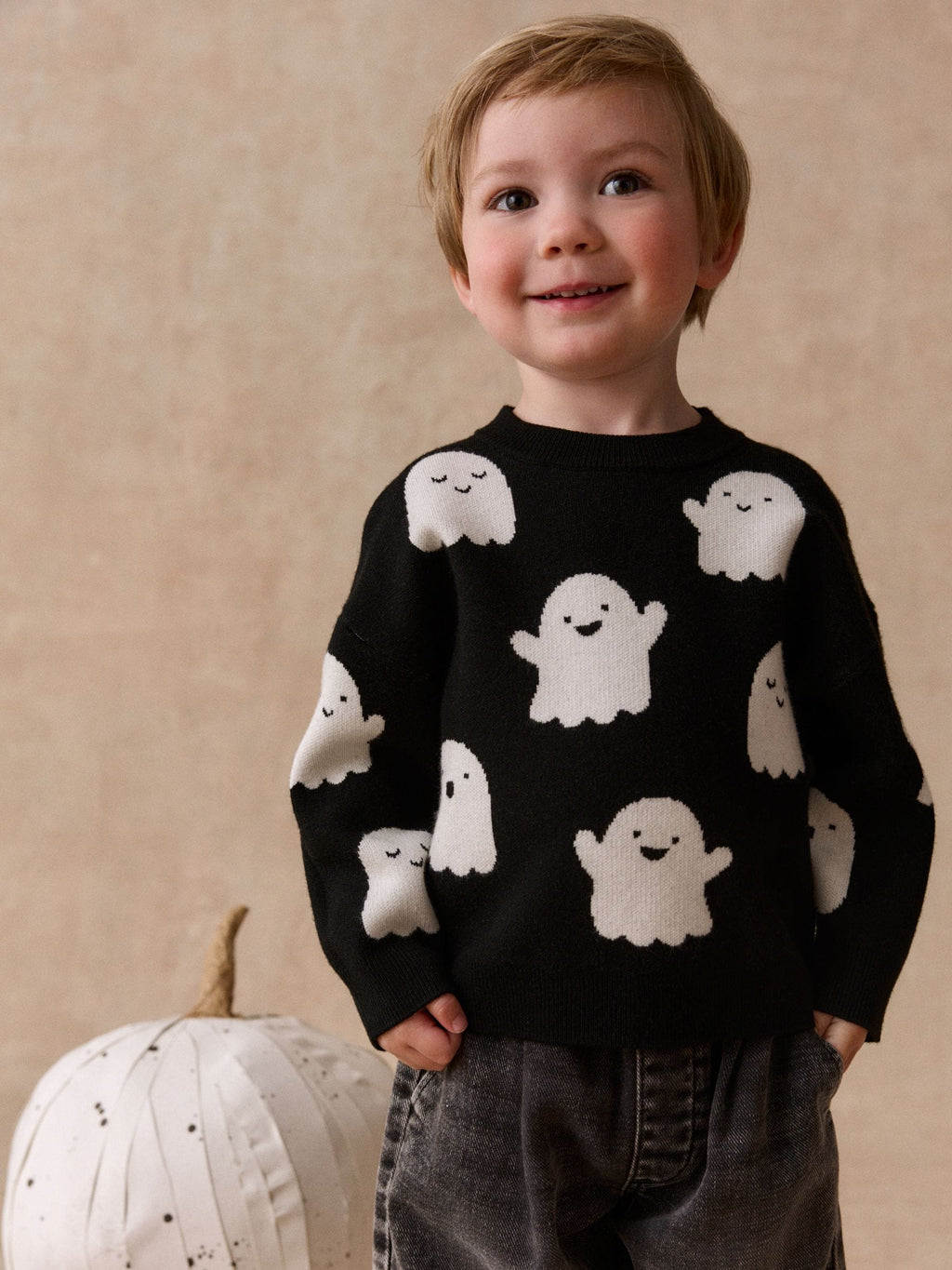 Black/White Ghost Halloween Knitted Crew Neck Jumper (3mths-7yrs)