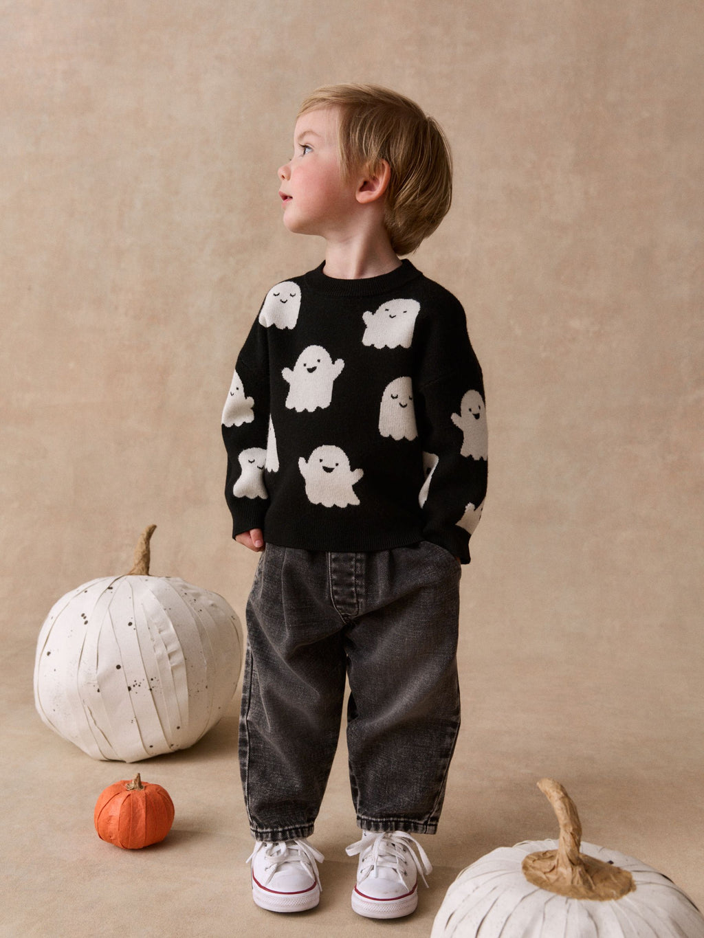 Black/White Ghost Halloween Knitted Crew Neck Jumper (3mths-7yrs)