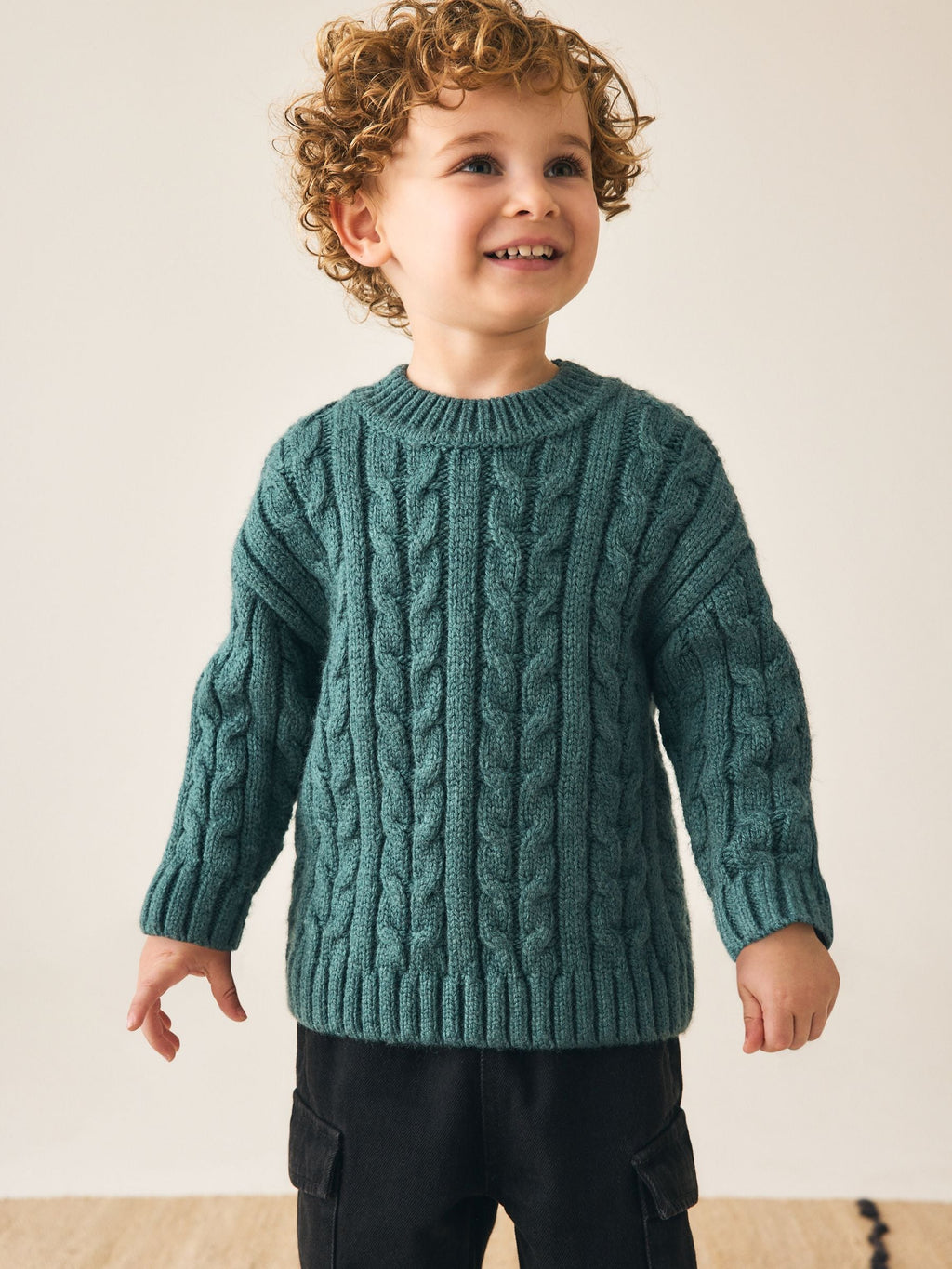 Dark Teal Blue Cable Knit Crew Neck Jumper (3mths-7yrs)