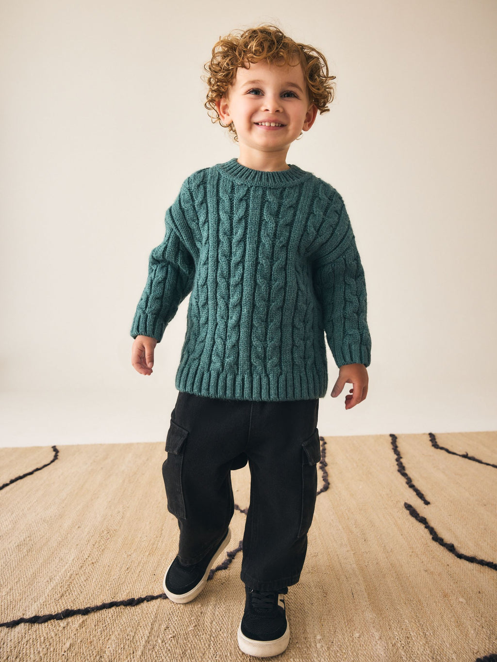 Dark Teal Blue Cable Knit Crew Neck Jumper (3mths-7yrs)