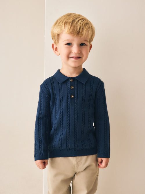 Navy Cable Knit Polo Shirt (3mths-7yrs)