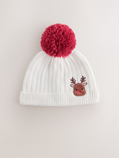 White Embroidered Knitted Christmas Reindeer Pom Baby Hat (0mths-3yrs)