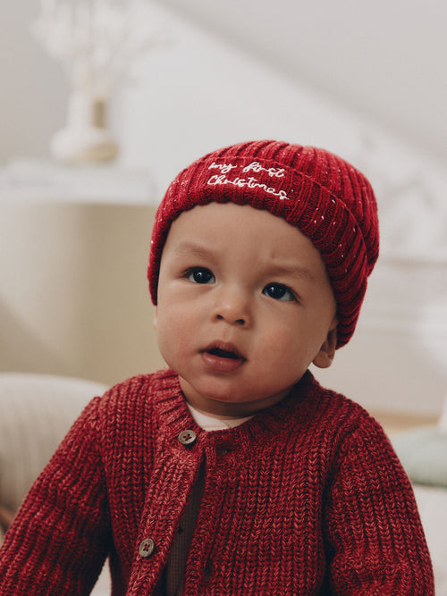 Red My First Christmas Embroidered Knitted Beanie Baby Hat (0mths-2yrs)