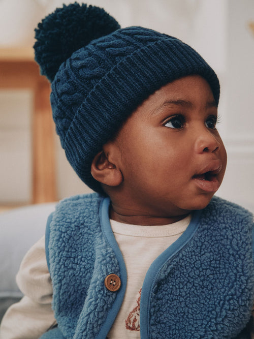 Navy Blue Knitted Cable Pom Baby Hat