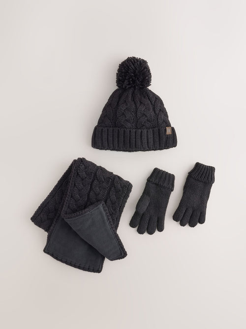 Black Cable Beanie Scarf and Gloves Set (3-16yrs)