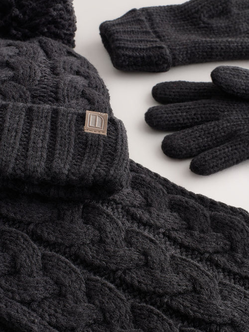 Black Cable Beanie Scarf and Gloves Set (3-16yrs)