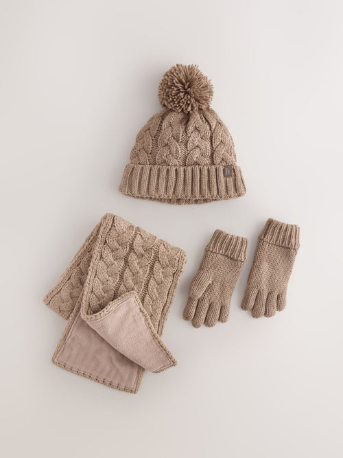 Neutral Cable Beanie Scarf and Gloves Set (3-16yrs)