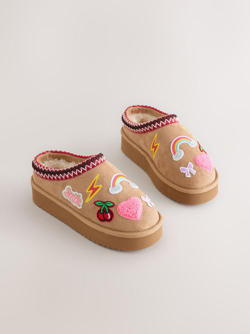 Tan Brown Badges Shoot Slippers