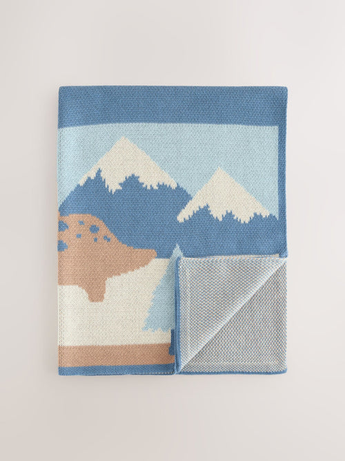 Blue/Brown Dino Scene Knitted Baby Blanket
