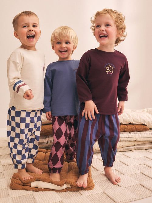 Burgundy/Ecru/Blue Oversized Pyjamas 3 Pack (9mths-10yrs)