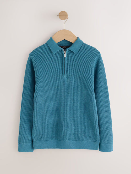 Blue Knitted Zip Neck Polo Shirt (3-16yrs)