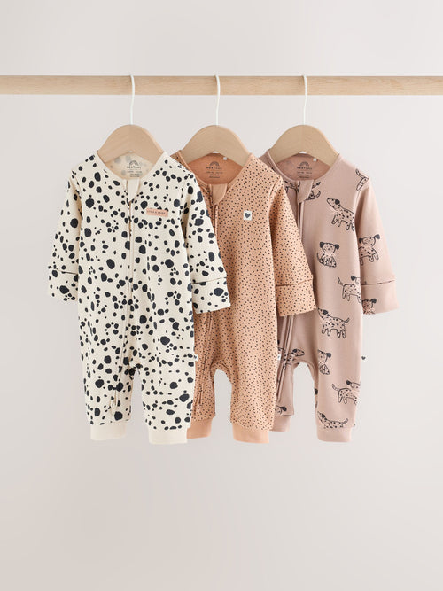 Brown Dog Two Way Zip Baby Sleepsuits 3 Pack (0-3yrs)
