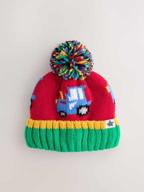 Red Colourful Tractor Embroidered Pom Beanie (3mths-16yrs)