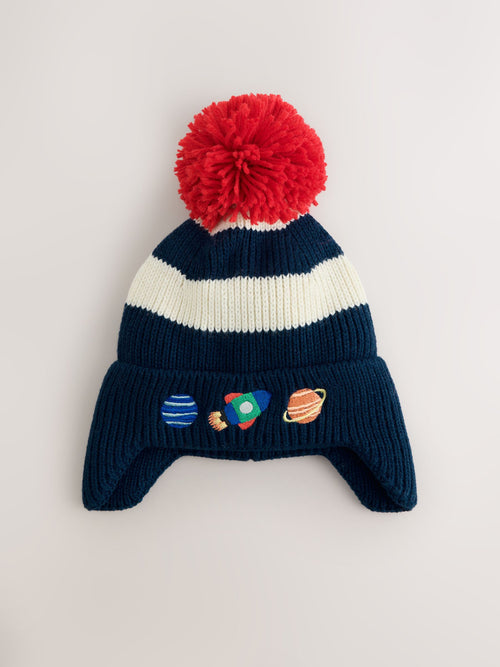Navy/Stripe/Space Embroidered Pom Beanie (3mths-16yrs)