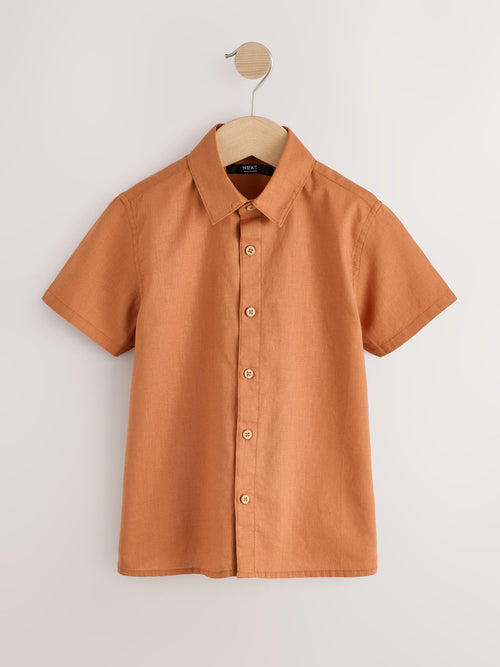 Tan Brown Short Sleeve Linen Blend Shirt (3-16yrs)