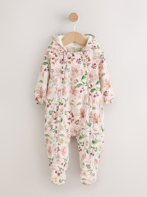 Pink Floral All-Over Printed Double Zip Baby Hooded Pramsuit (0mths-2yrs)