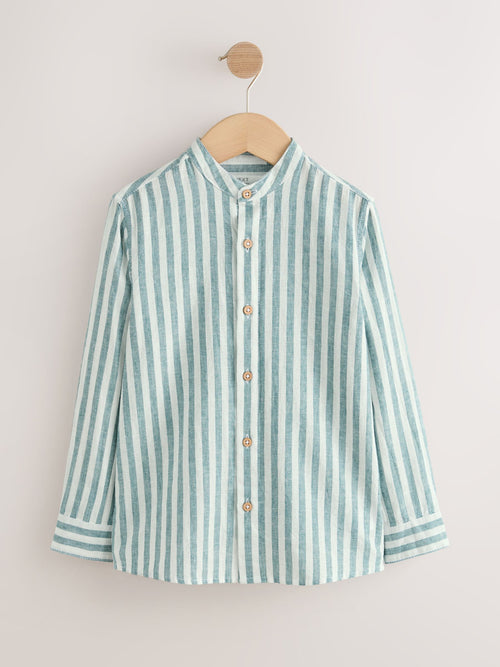 Green/Ecru Stripe Grandad Collar Linen Mix Long Sleeve Shirt (3-16yrs)