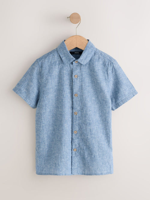 Denim Blue Short Sleeve Linen Blend Shirt (3-16yrs)