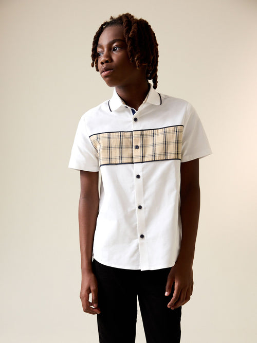 White Check Splice Short Sleeve Smart Shirt (3-16yrs)