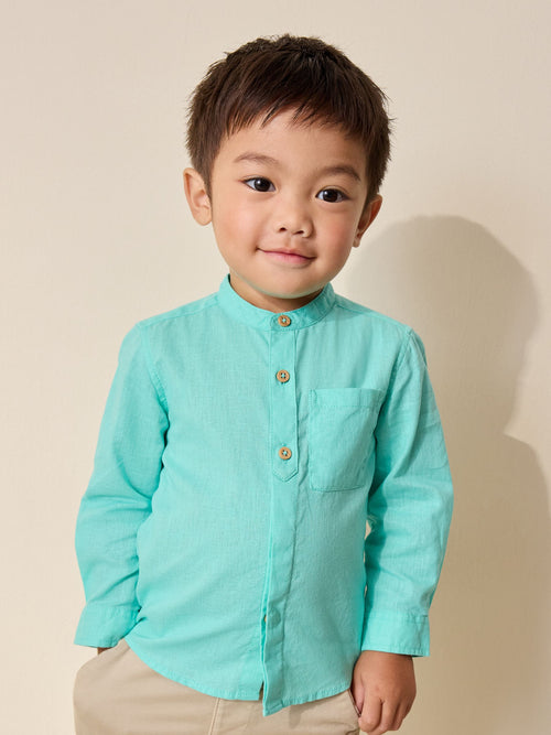 Aqua Blue Grandad Collar Linen Mix Shirt (3mths-7yrs)