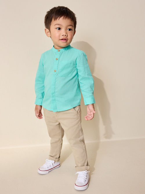 Aqua Blue Grandad Collar Linen Mix Shirt (3mths-7yrs)