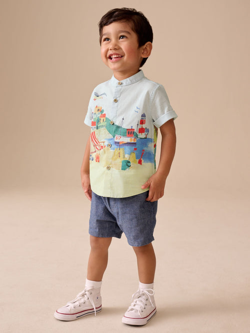 Blue Seaside Scene Short Sleeve Grandad Collar Printed Shirt (3mths-7yrs)