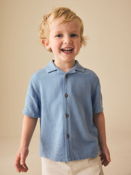 Blue Short Sleeves Linen Blend Revere Collar Shirt (3mths-7yrs)