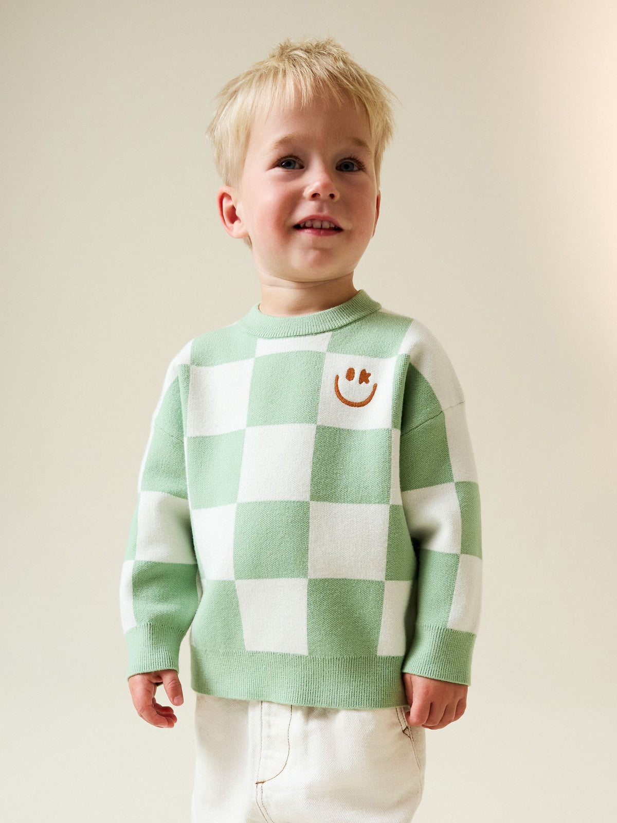 Green Checkerboard Knitted Crew Neck Jumper (3mths-7yrs)
