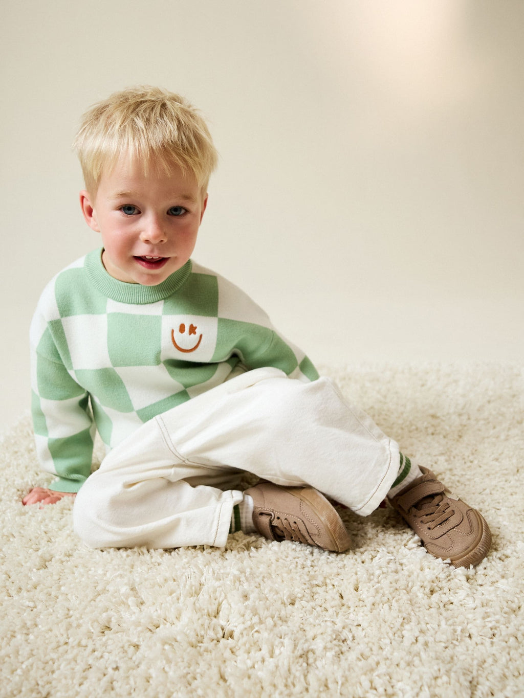 Green Checkerboard Knitted Crew Neck Jumper (3mths-7yrs)